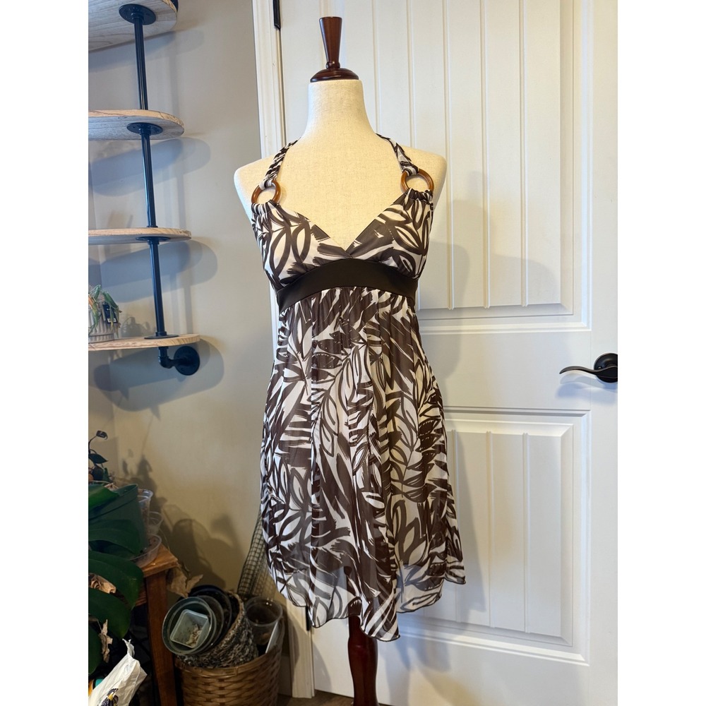 Speechless Brown White Tropical Leaf Print Halter Mini Dress O-Ring Medium